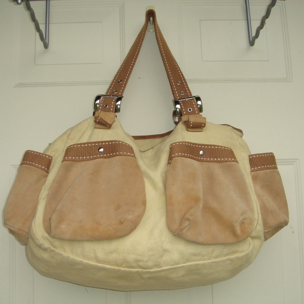 DESMO BEIGE LINEN 4 SUEDE POCKETS SHOULDER BAG